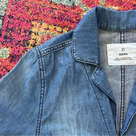 & Denim | Women's Medium Blue Lightweight Denim Jumpsuit tie waist hidden button - Picture 12 of 16